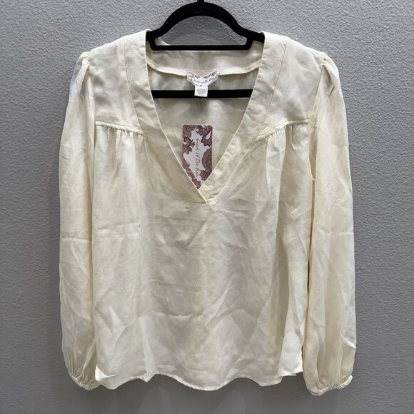 Band of the Free Ivory Blouse Women's Size S V Neck Long Sleeve Flowy Bohemian - Picture 6 of 7
